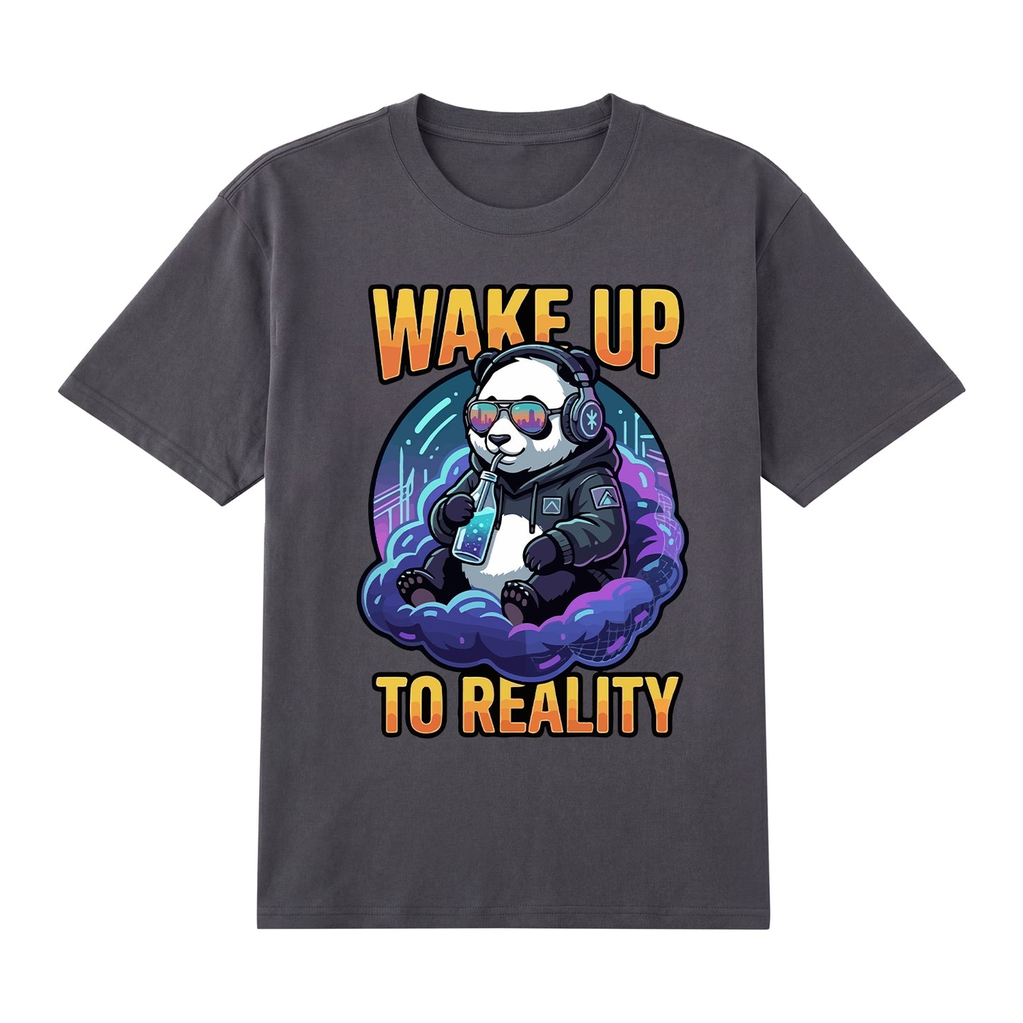 Detail view of gray t恤 featuring Wake up to reality Staple Tee