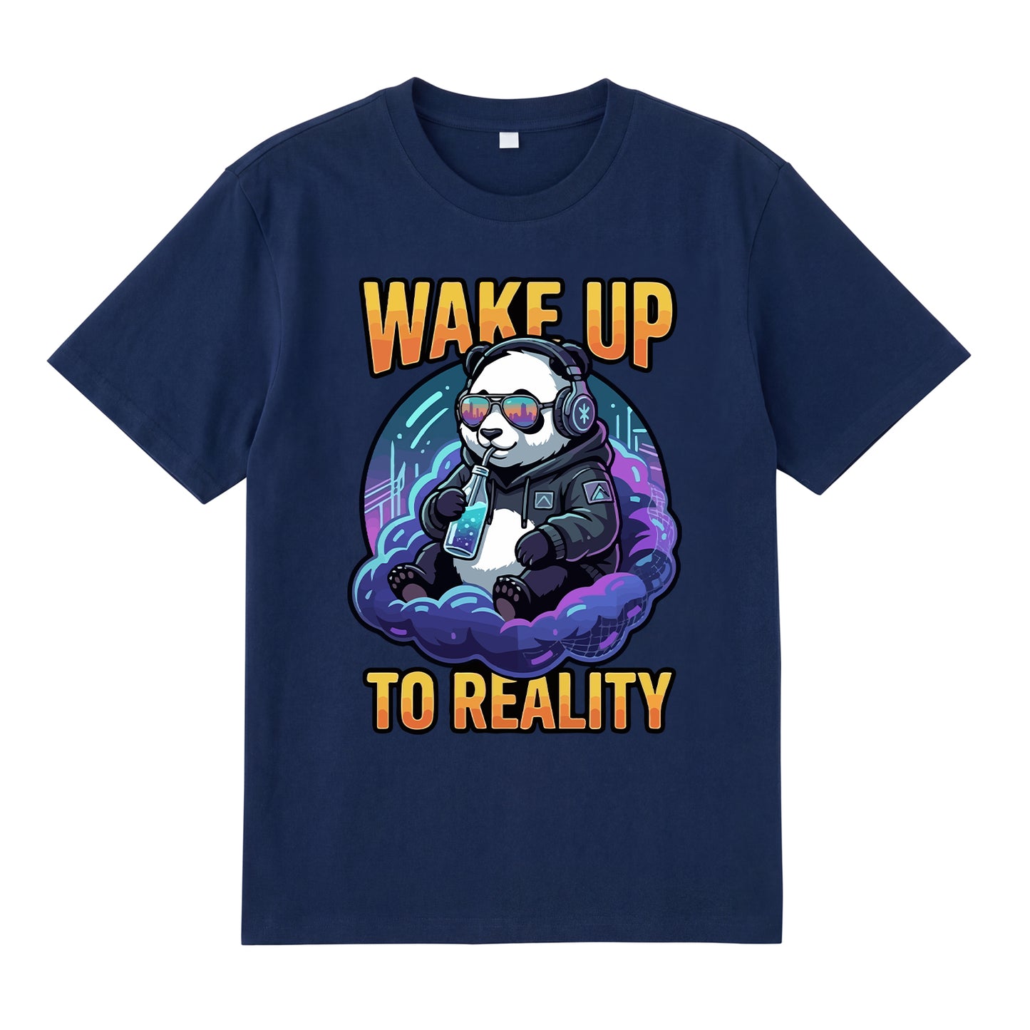 Detail view of navy t恤 featuring Wake up to reality Staple Tee